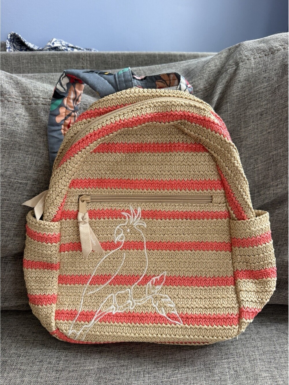 Vera Bradley Straw Backpack, Cockatoo Embroidery Tropical Evening Straps